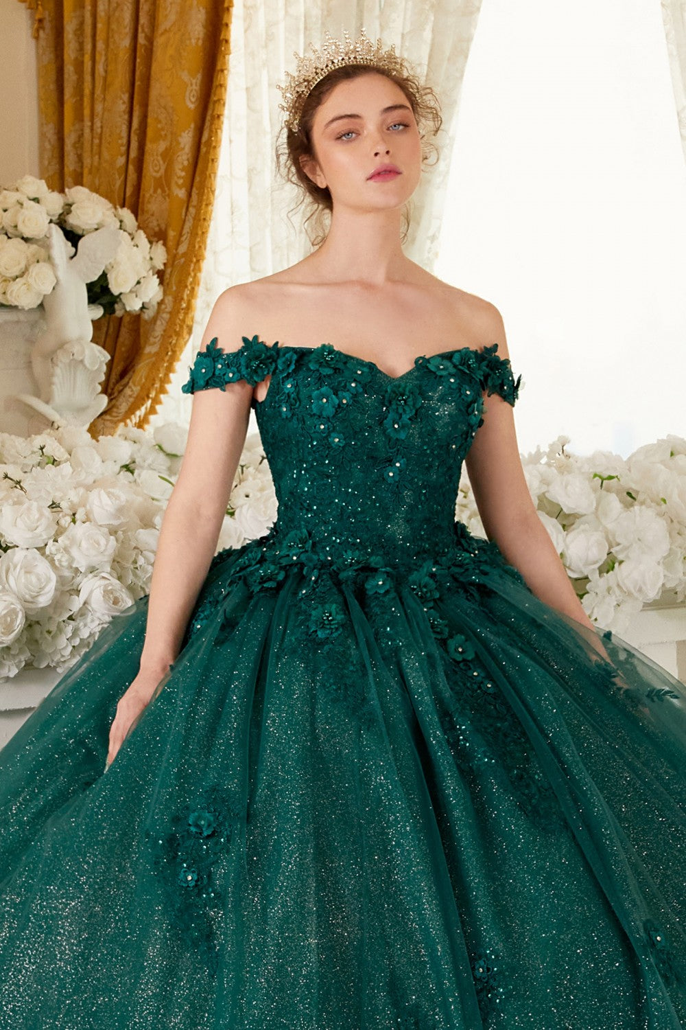 Off The Shoulder floral quince & Prom ball gown Off Shoulder Strapless Floral Sequin Gown Princess Tender Gala Masquerade Dress CD15702 Elsy Style Quinceanera Dress