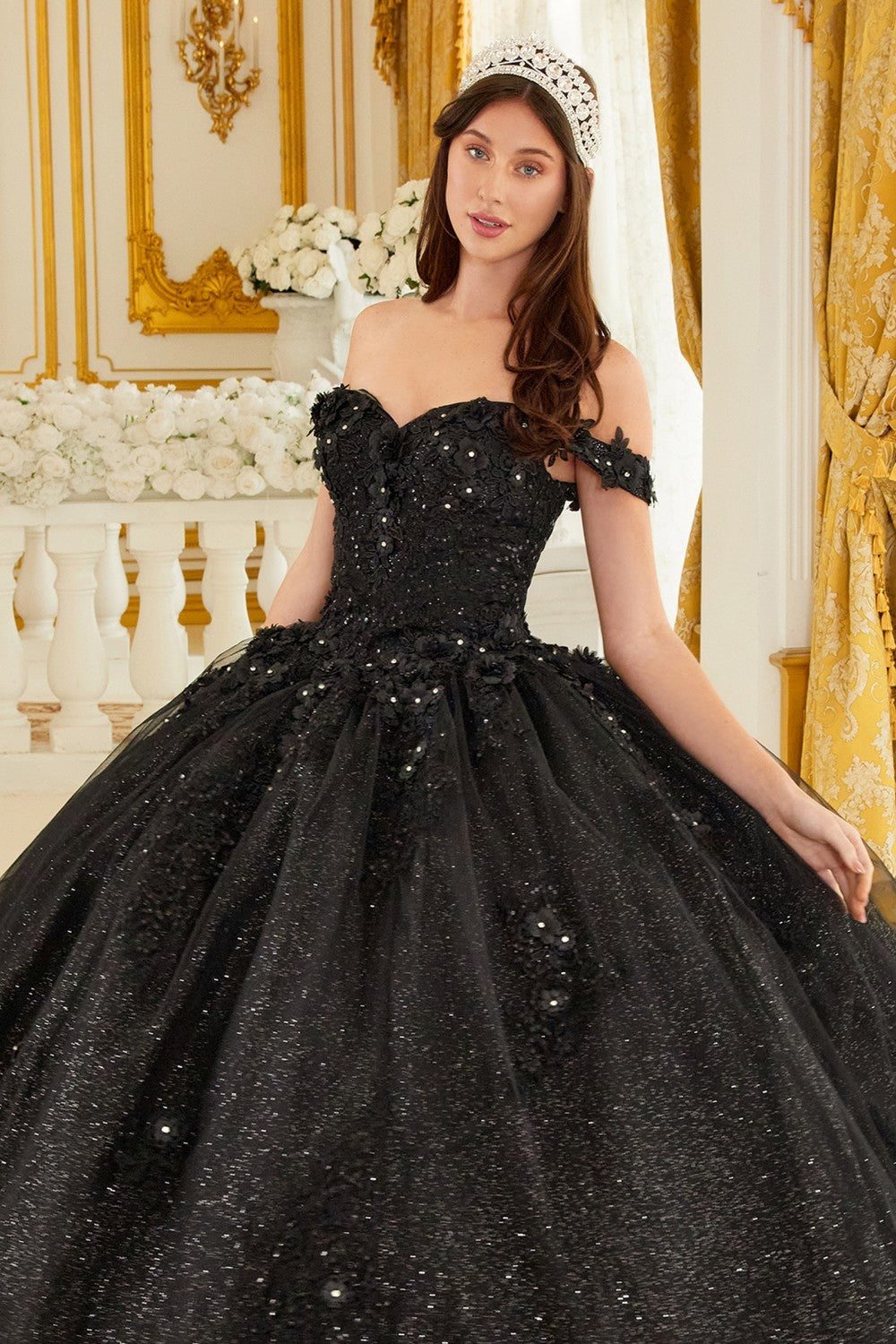 Off The Shoulder floral quince & Prom ball gown Off Shoulder Strapless Floral Sequin Gown Princess Tender Gala Masquerade Dress CD15702 Elsy Style Quinceanera Dress