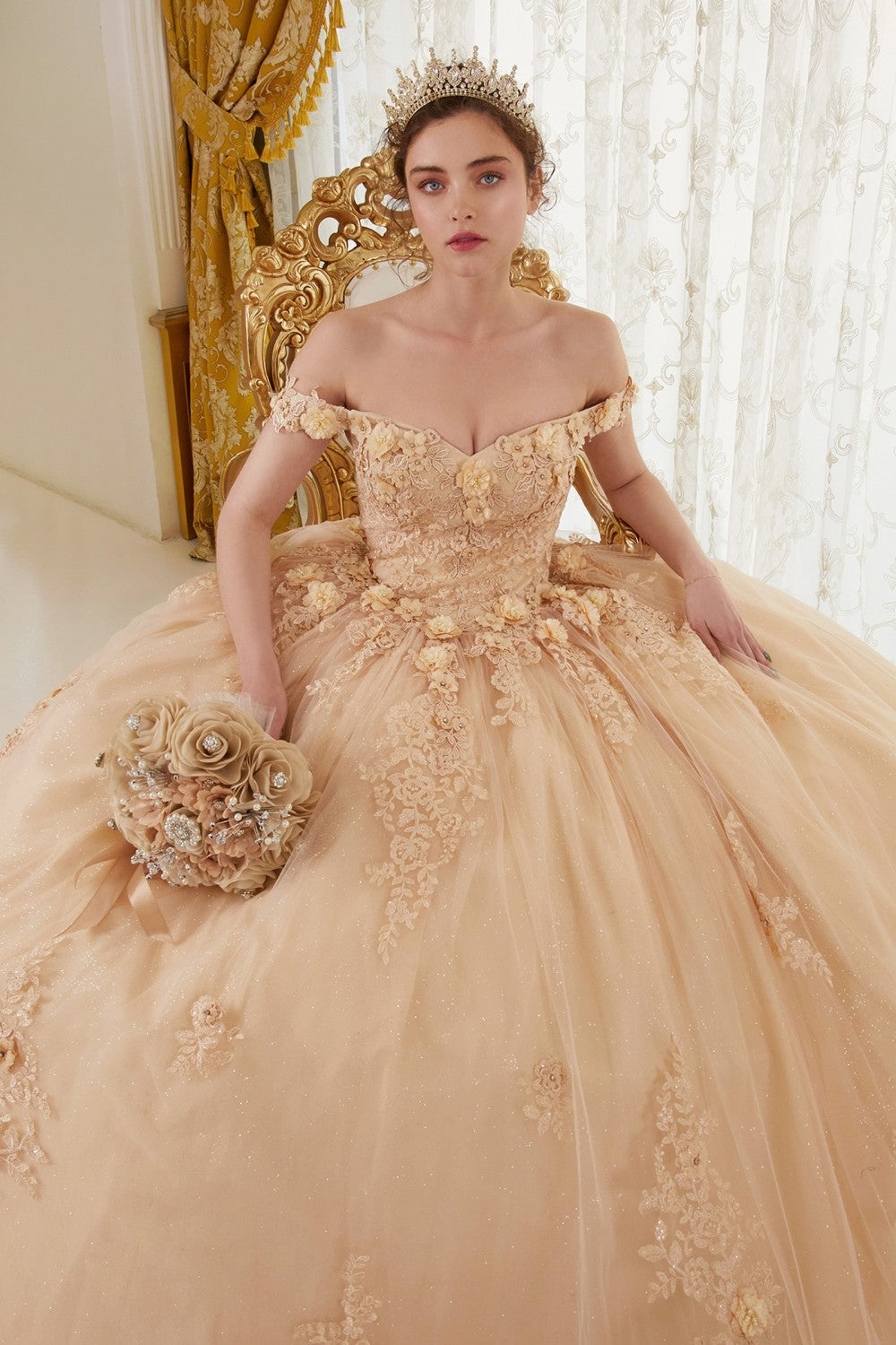 Off The Shoulder floral quince & Prom ball gown Off Shoulder Strapless Floral Sequin Gown Princess Tender Gala Masquerade Dress CD15702 Elsy Style Quinceanera Dress