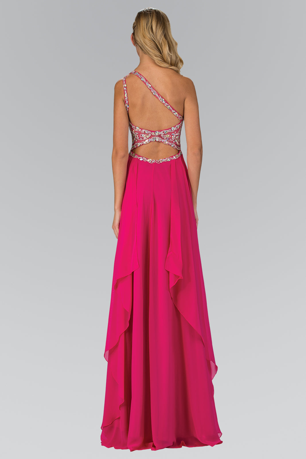 One Shoulder Chiffon Long Dress with Bead and Jewel Embellished Bodice GLGL1128 Elsy Style PROM