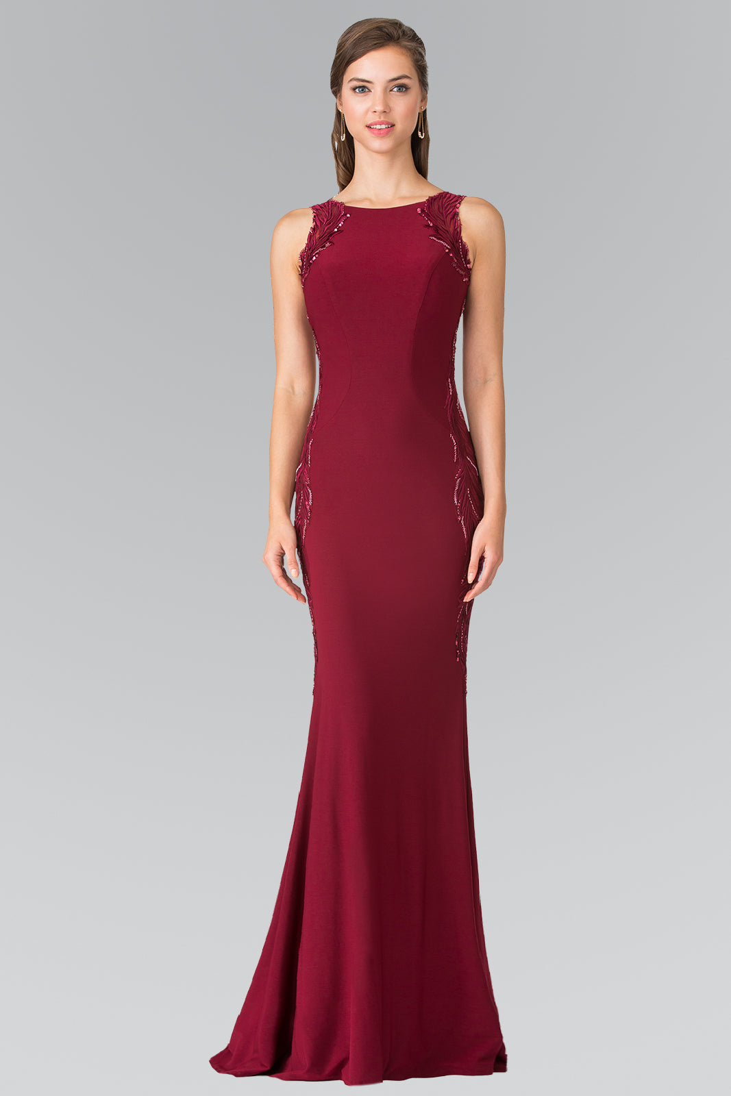 Open-Back Jersey Long Dress Accented with Side Embroidery GLGL2222 Elsy Style PROM