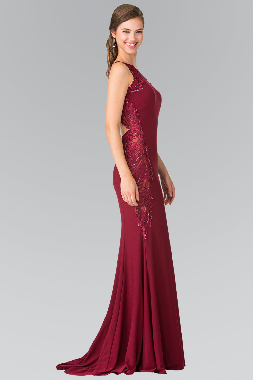 Open-Back Jersey Long Dress Accented with Side Embroidery GLGL2222 Elsy Style PROM