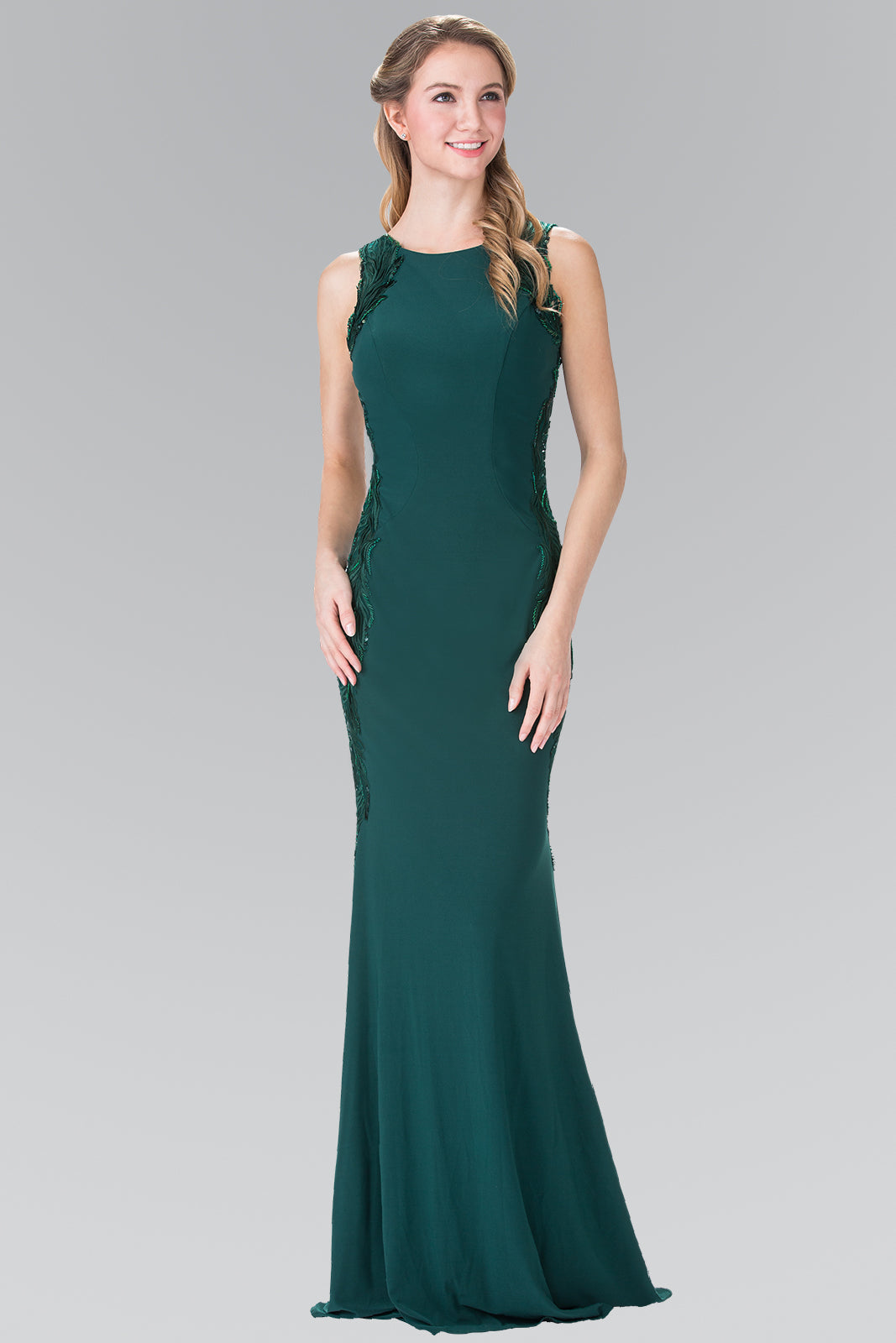 Open-Back Jersey Long Dress Accented with Side Embroidery GLGL2222 Elsy Style PROM