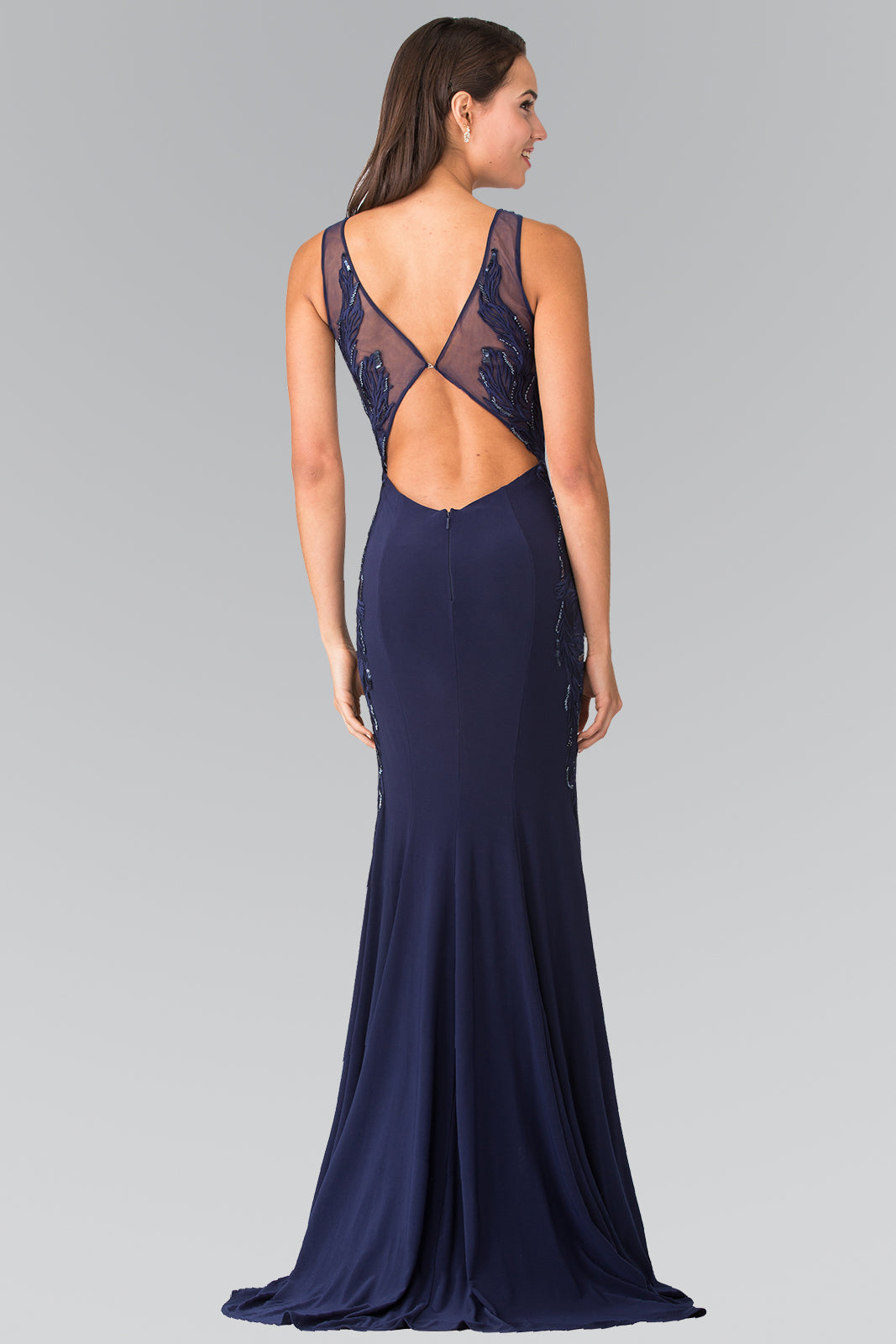 Open-Back Jersey Long Dress Accented with Side Embroidery GLGL2222 Elsy Style PROM