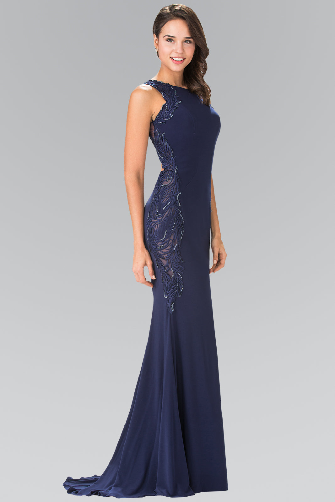 Open-Back Jersey Long Dress Accented with Side Embroidery GLGL2222 Elsy Style PROM