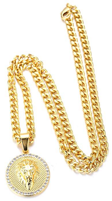 Pave King of the Jungle Lion Pendant Medallion Necklace in 18K Gold Plated Elsy Style Necklace