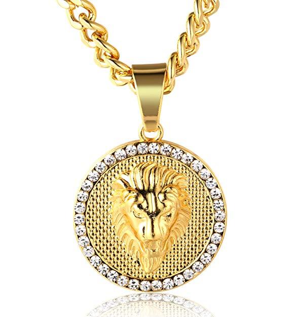 Pave King of the Jungle Lion Pendant Medallion Necklace in 18K Gold Plated Elsy Style Necklace