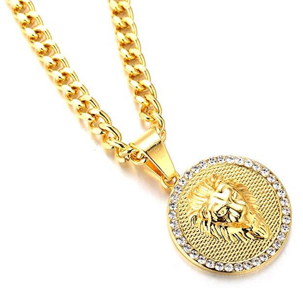 Pave King of the Jungle Lion Pendant Medallion Necklace in 18K Gold Plated Elsy Style Necklace