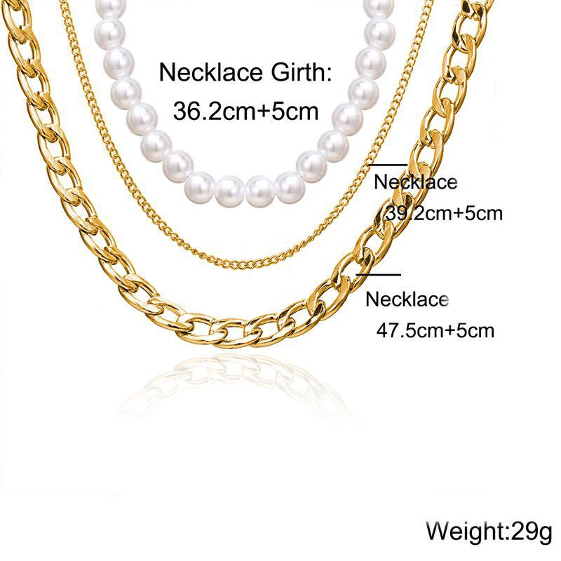 Pearl and Curb 3 Piece Layer 18K Gold Plated Necklace in 18K Gold Plated ITALY Design Elsy Style Necklace