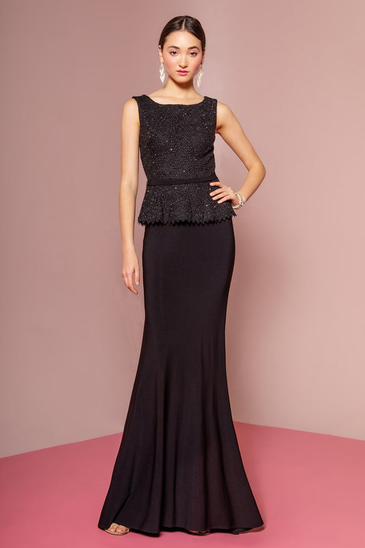 Peplum Floor Length Jersey Dress with Lace Bodice GLGL1422 Elsy Style MOTHER OF BRIDE