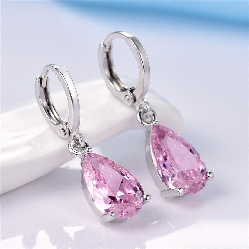 Pink Pear Cut Dangling Leverback Earrings in 14K White Gold Elsy Style Earring