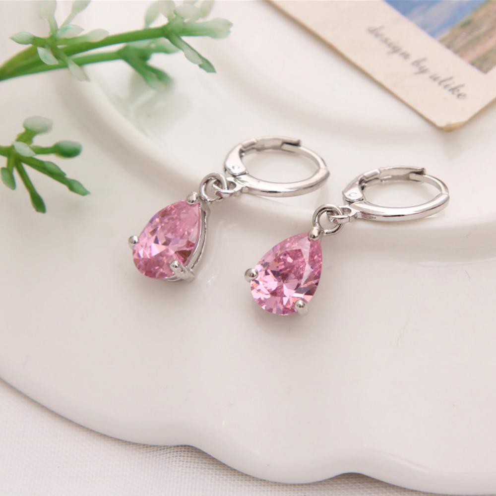 Pink Pear Cut Dangling Leverback Earrings in 14K White Gold Elsy Style Earring