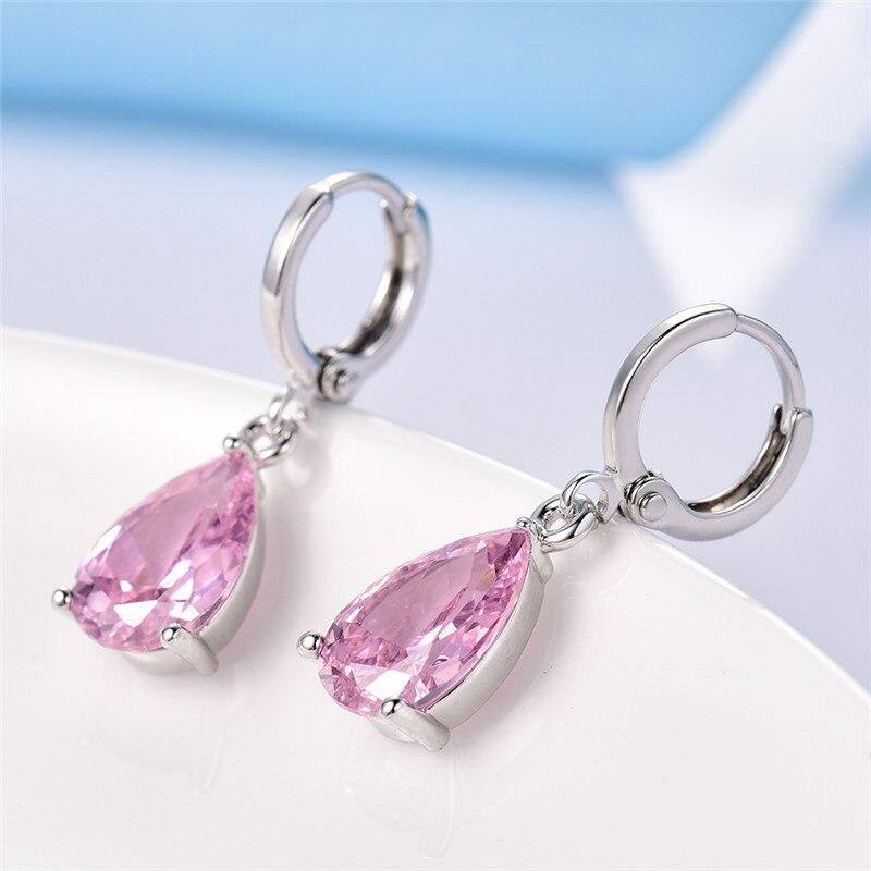 Pink Pear Cut Dangling Leverback Earrings in 14K White Gold Elsy Style Earring