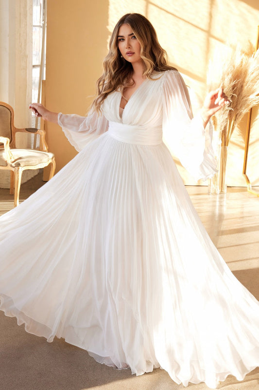 Pleated Chiffon Plis Size Bridal Gown Deep V-neckline Bodice with Open Back and Covered Shoulders Pretty Wedding Curvy Dress CDCD242WC Elsy Style Wedding Dresses