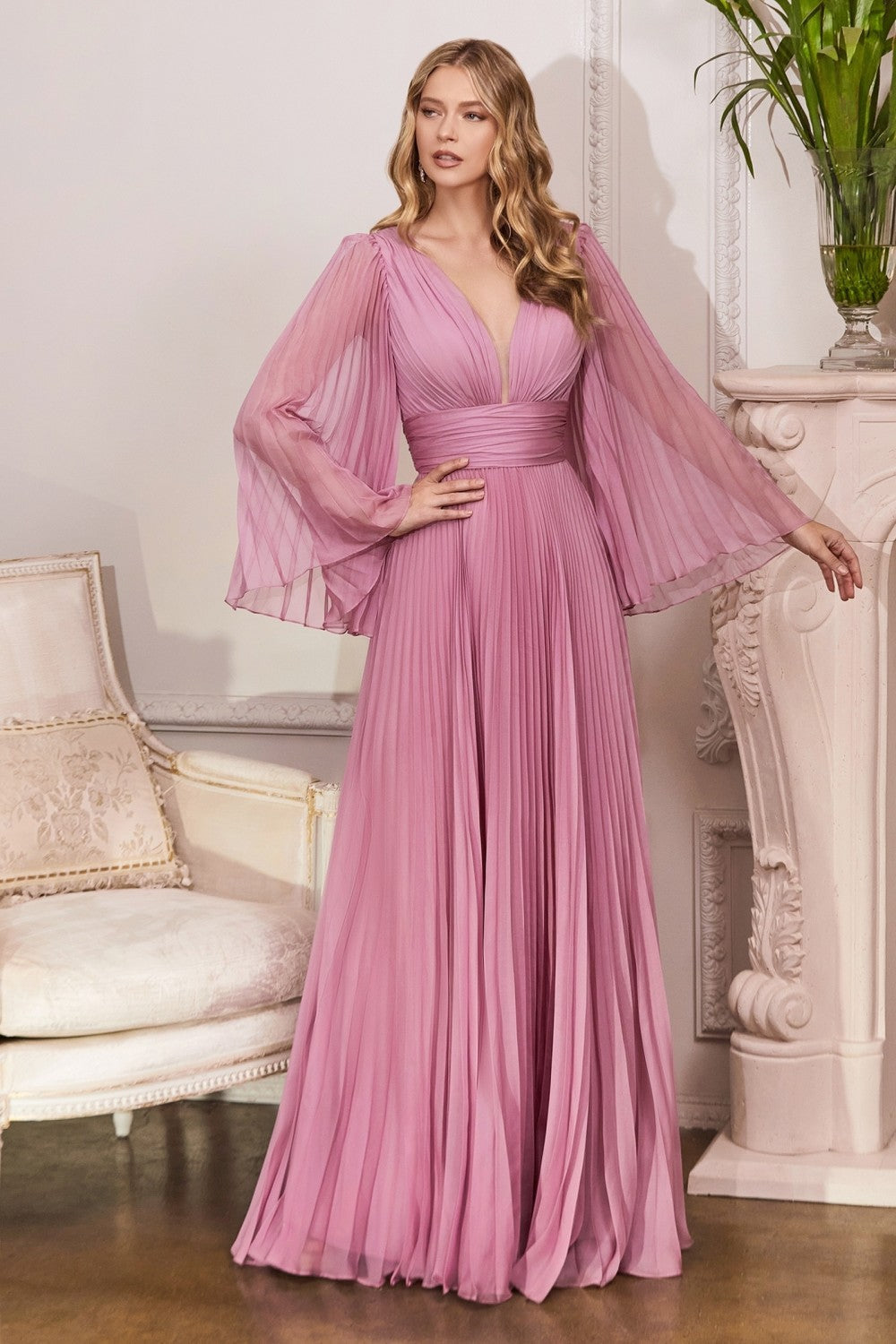 Pleated Chiffon Prom & Ball Gown Deep v-neckline Bodice with Open Back and Covered Shoulders Fairy Mother of the Bride Dress CDCD242 Elsy Style Bridesmaid Dress