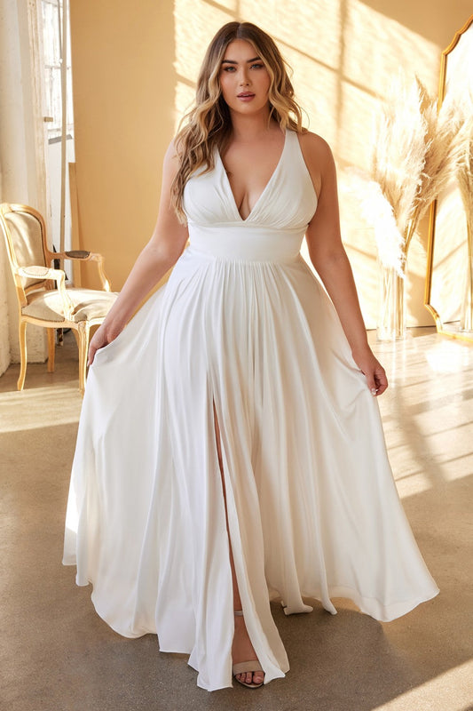 Plus Size Classic Soft a-line dress Curvy Bridal Dress Fitted Bodice Wedding Ceremony Gown Tender Skirt with High Leg Slit CD7469WW Elsy Style Wedding Dress