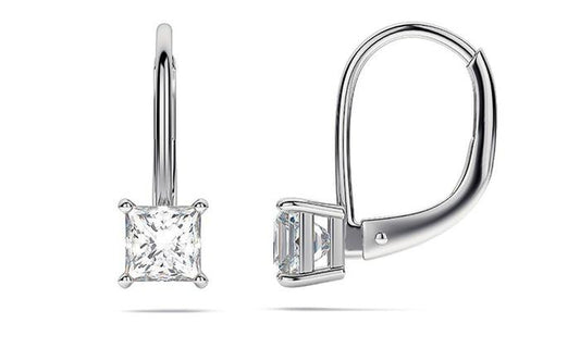 Princess Cut  Elements Simple Leverback Earrings in 14K White Gold Elsy Style Earring