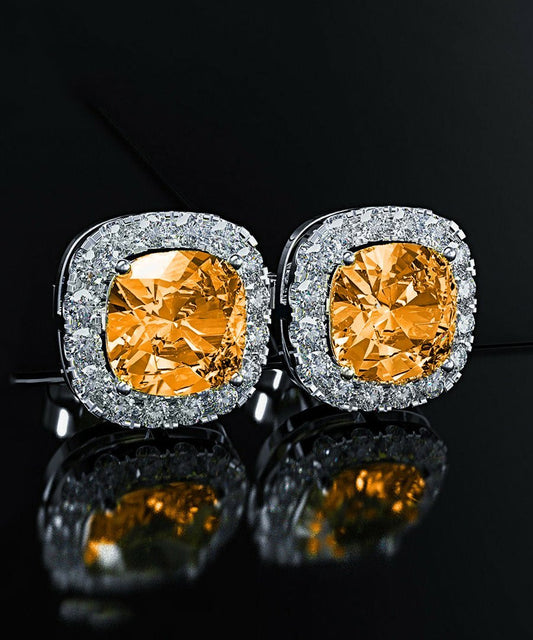 Princess Halo Cut Stud Earring With Austrian Crystals - Orange in 18K White Gold Plated ITALY Design Elsy Style Earring