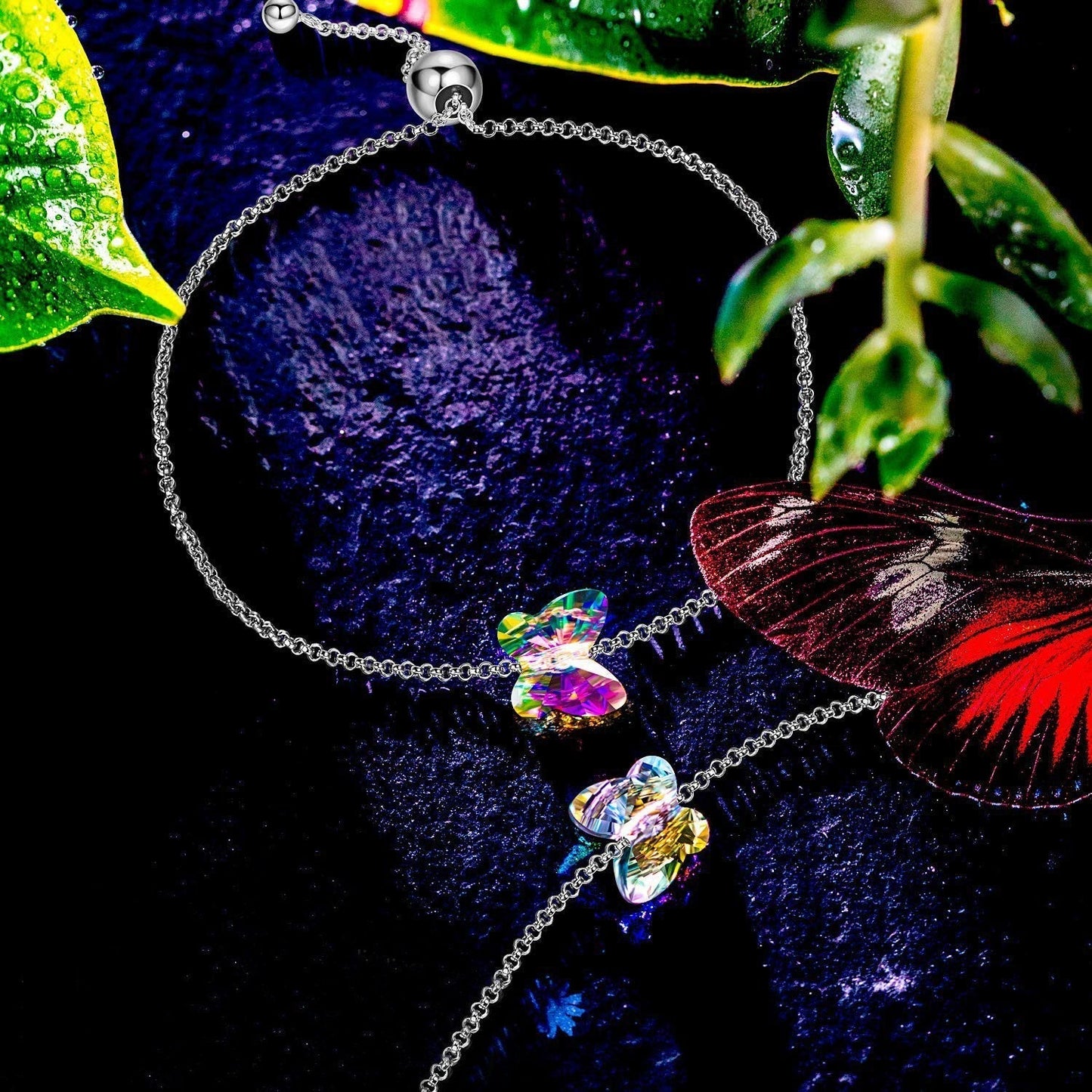 Rainbow Aurora Borealis Butterfly Pendant Bracelet in 14K White Gold Elsy Style Bracelet