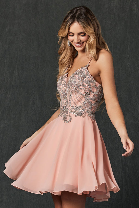 Rhinestone Embellished Chiffon Short Cocktail & Homecoming Dress JT845 Elsy Style Cocktail Dress