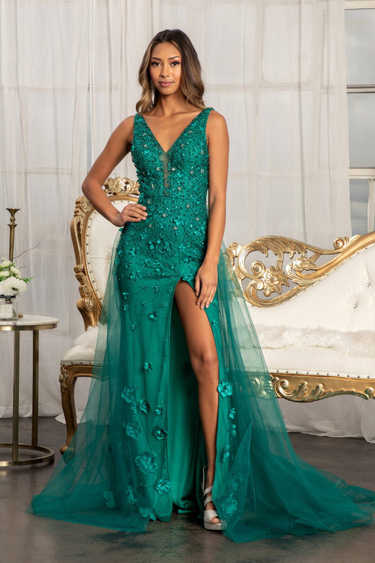 Rhinestone Embellished Mesh Mermaid Dress 3-D Flower and Detached Layer GLGL3011 Elsy Style PROM