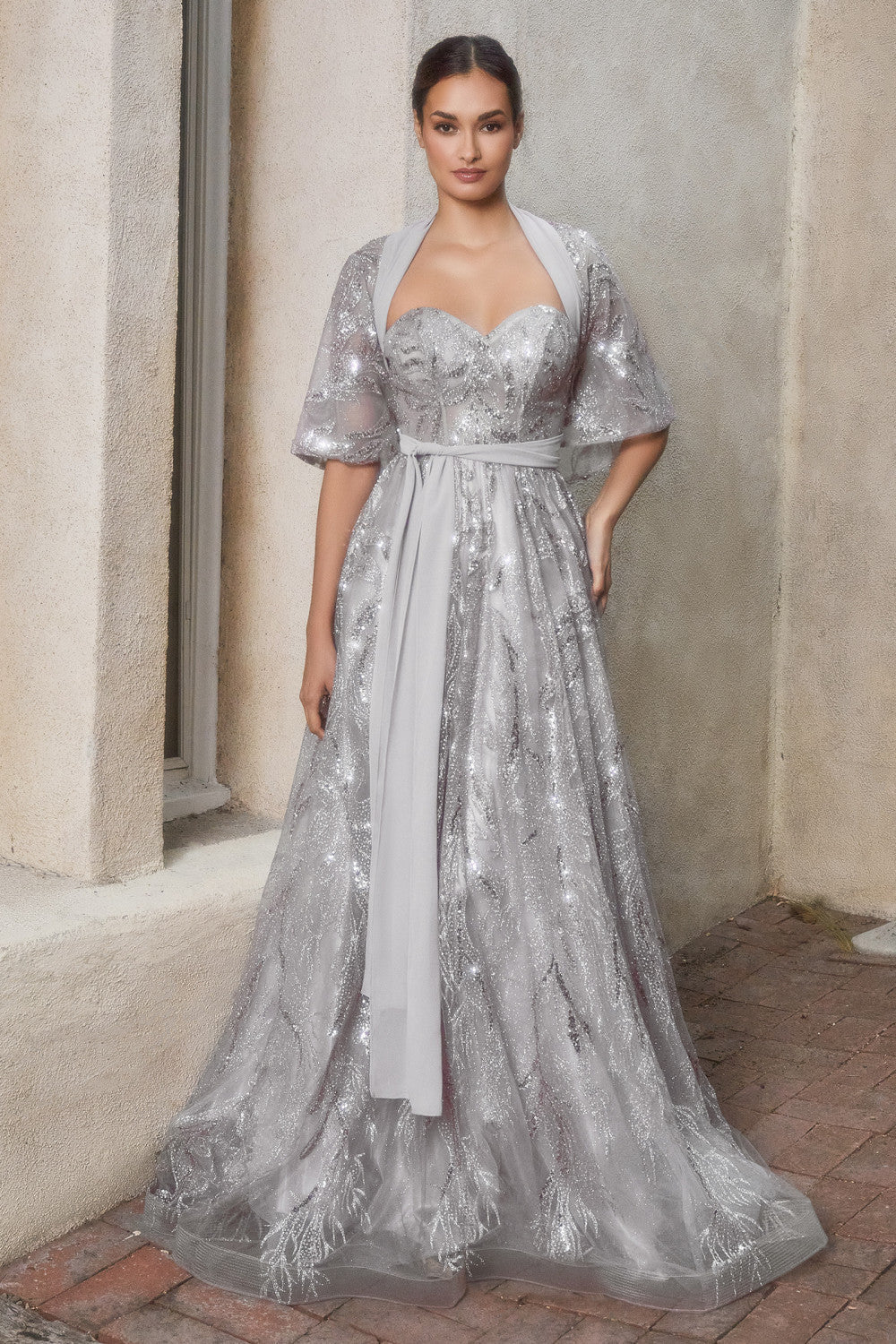 SHIMMER LEAF MOTIF BALL GOWN WITH MATCHING SHAWL ALA1174 Elsy Style All dresses