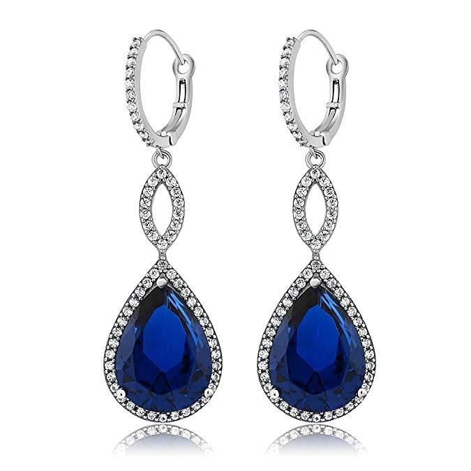 Sapphire Pave Teardrop Infinity Drop Embellished with  Crystals in 18K White Gold Plated Elsy Style Earring