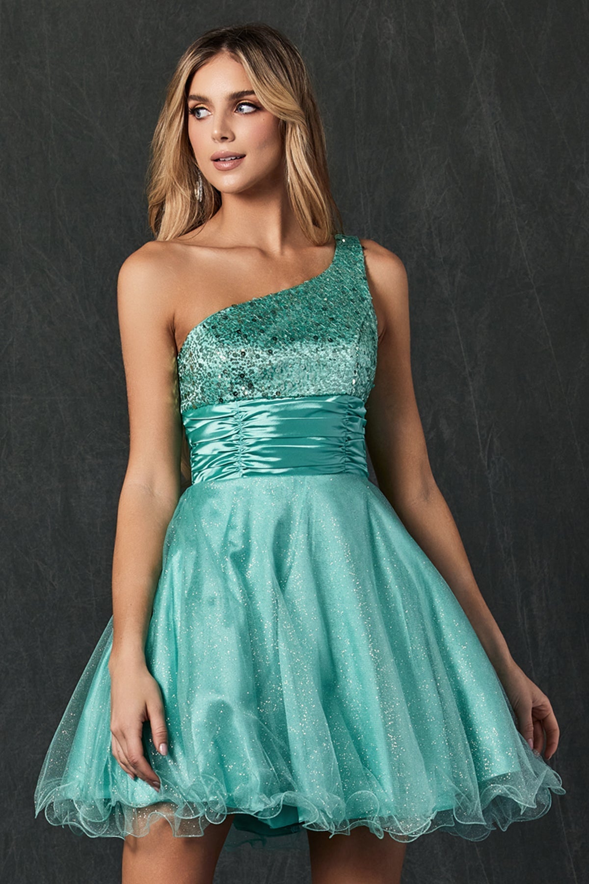 Satin One Shoulder Sparkly Sequins Short Cocktail & Homecoming Dress JT733 Elsy Style Cocktail Dress