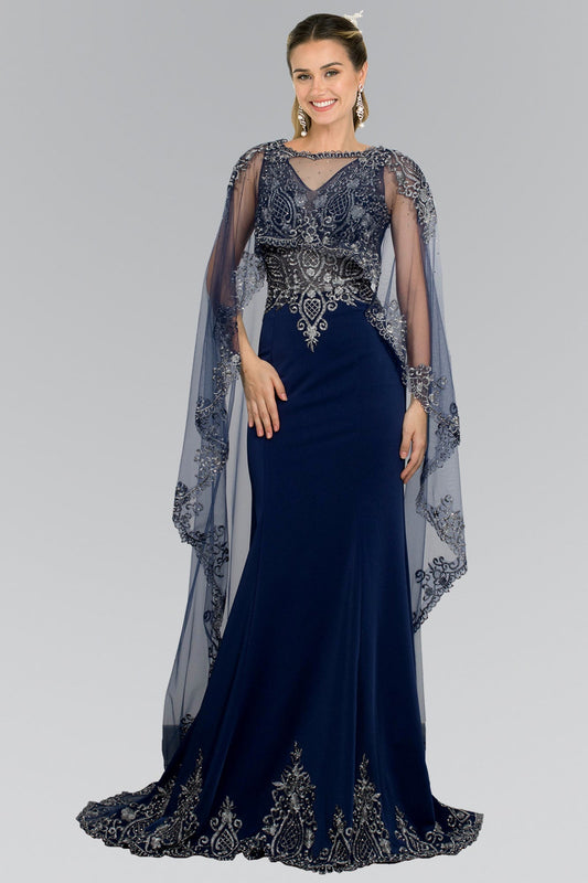 Satin V-Neck Long Dress with Cape GLGL1596 Elsy Style PROM