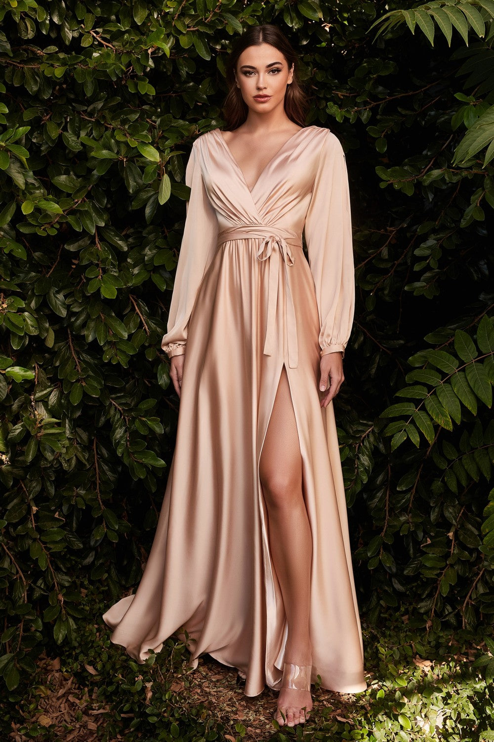 Satin V-Neckline prom & Ball Dress Fitted on a waist A-Line Skirt with High Leg Slit Minimalism Style Modern High Leg Slit dress CD7475 Elsy Style Evening Dress