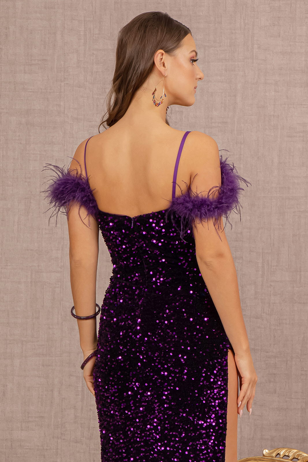 Sequin Cut-away Shoulder Velvet Mermaid Dress Wide Side Slit GLGL3149 Elsy Style PROM