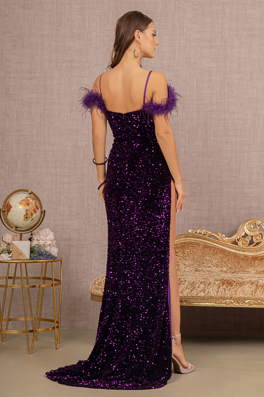 Sequin Cut-away Shoulder Velvet Mermaid Dress Wide Side Slit GLGL3149 Elsy Style PROM