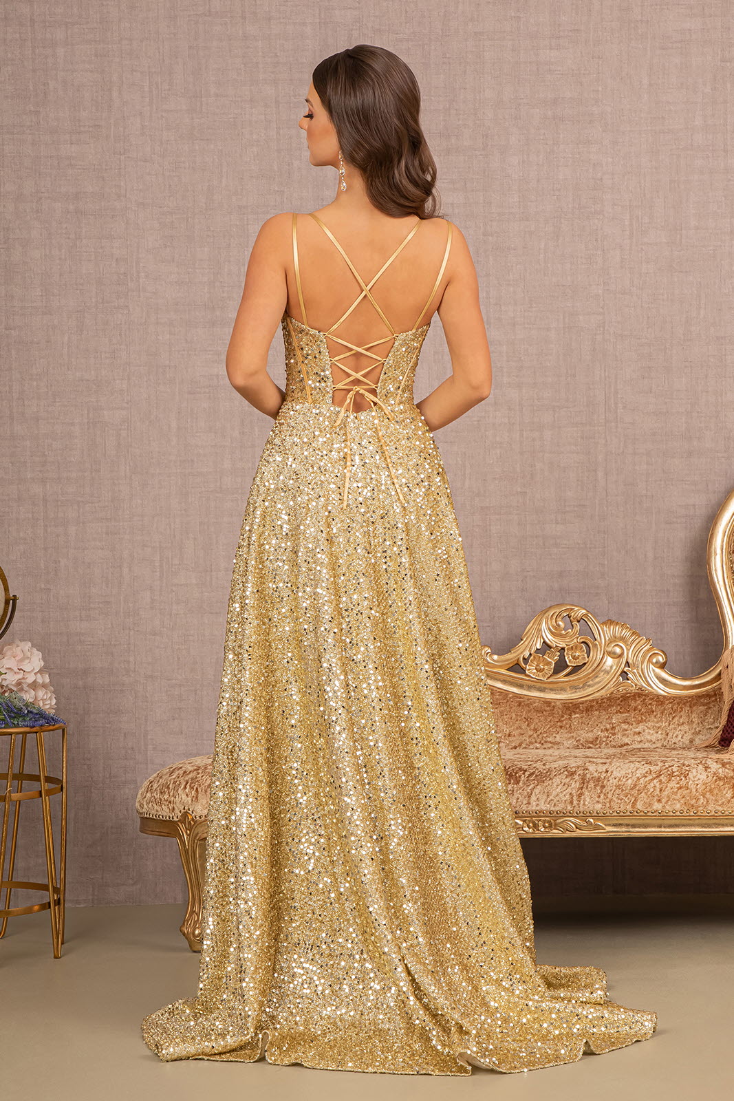 Sequin Lace-up Back Sweetheart A-line Dress Side Slit GLGL3132 Elsy Style PROM