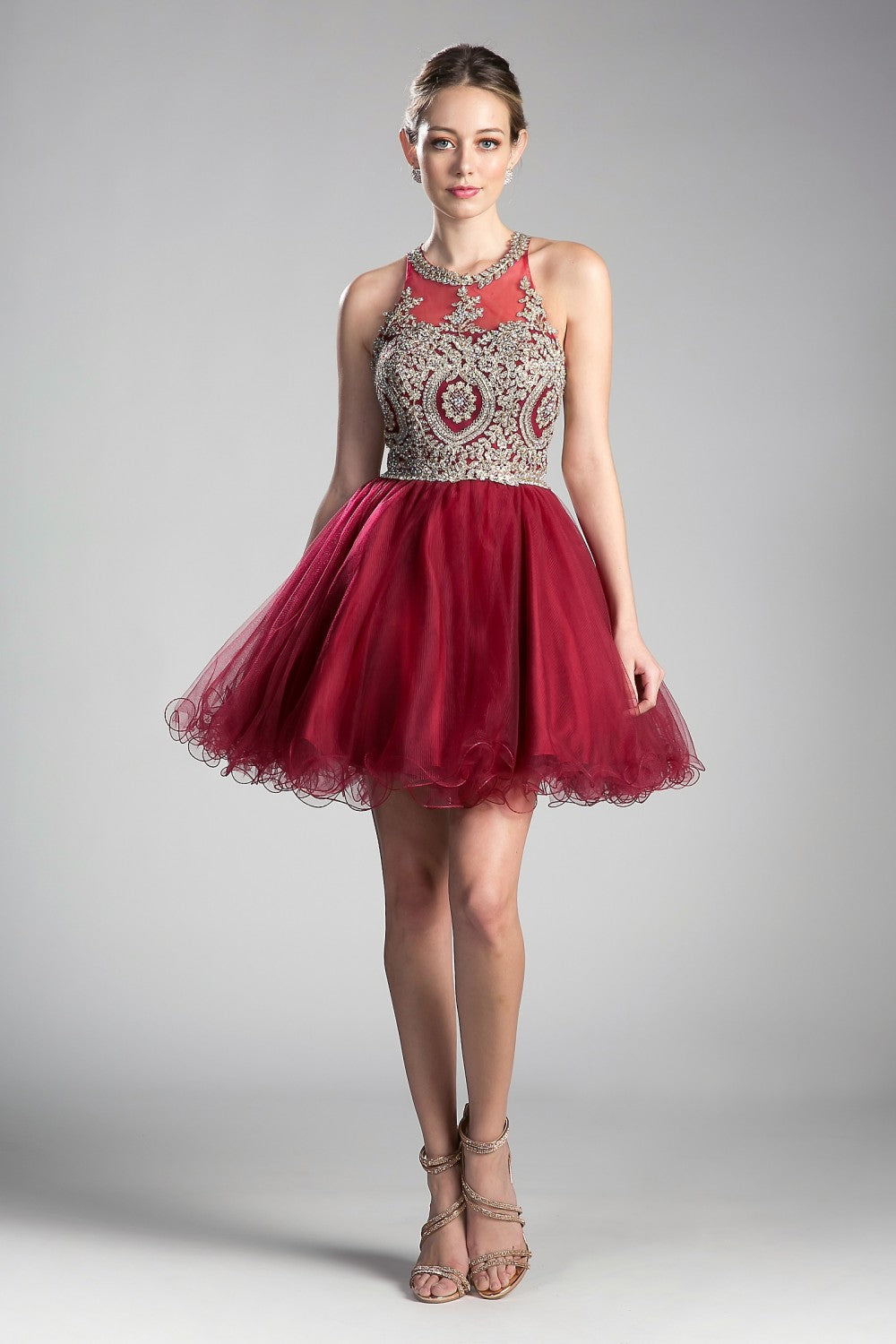 Short Layered Mini Cocktail Dress Embellished Bodice with Halter Neckline Detailed Back Cut Out A-line Layered Skirt CDUJ0119 Elsy Style Homecoming Dress