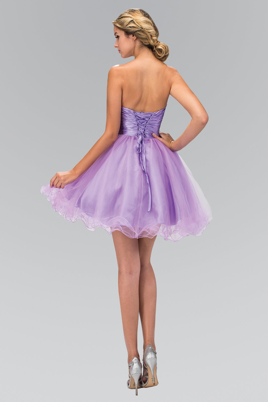 Short Tulle Dress with Pleated Waistband and Floral Lace GLGS1350 Elsy Style HOMECOMING