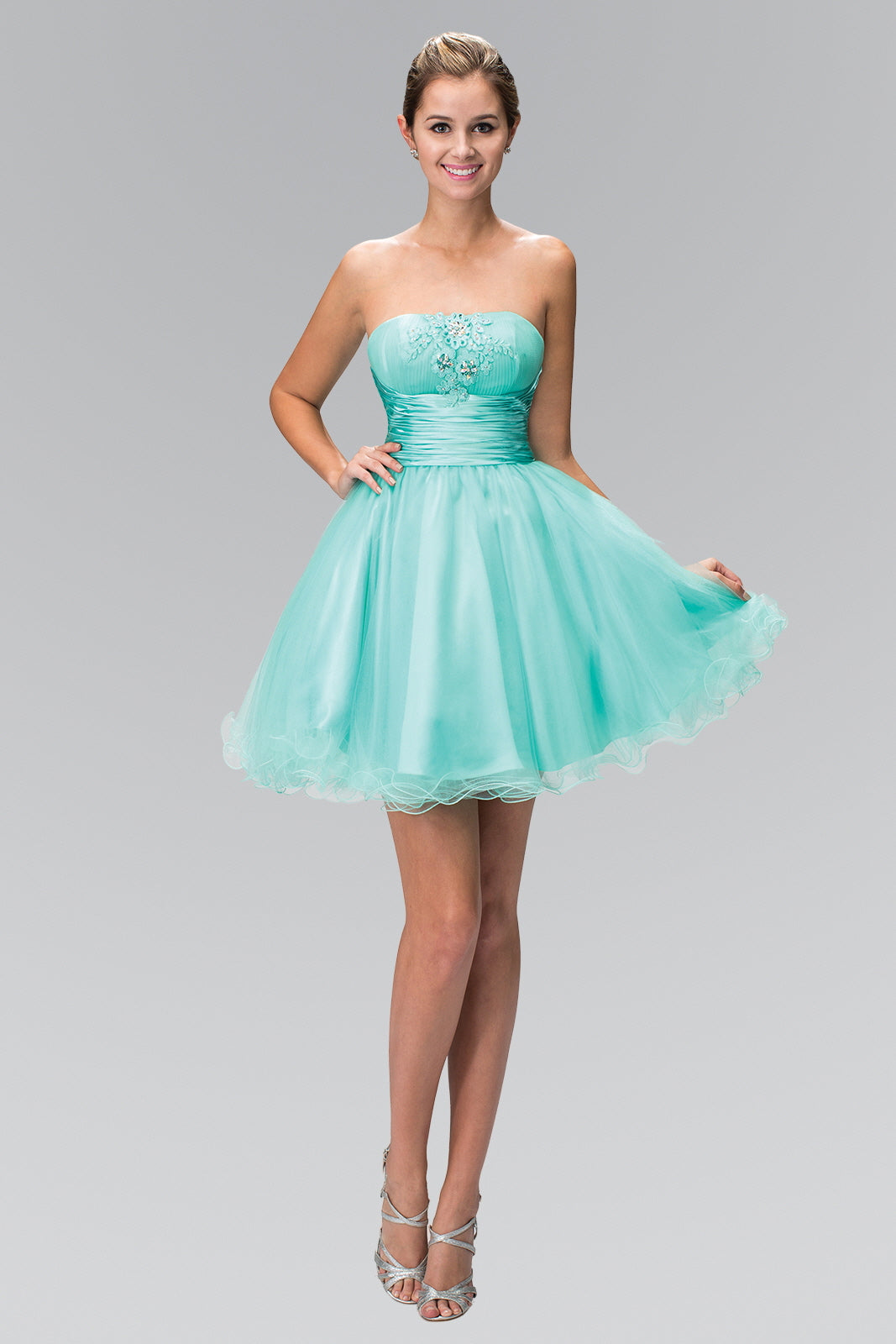 Short Tulle Dress with Pleated Waistband and Floral Lace GLGS1350 Elsy Style HOMECOMING