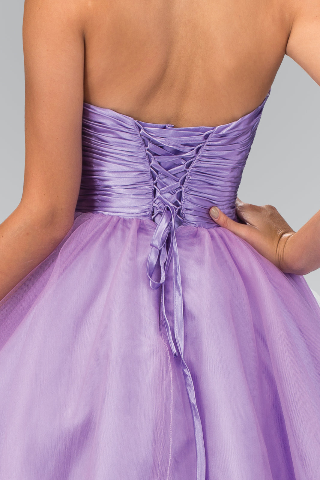 Short Tulle Dress with Pleated Waistband and Floral Lace GLGS1350 Elsy Style HOMECOMING