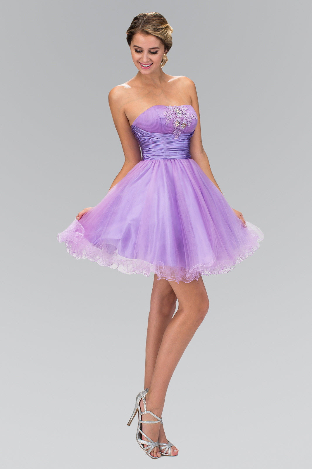 Short Tulle Dress with Pleated Waistband and Floral Lace GLGS1350 Elsy Style HOMECOMING