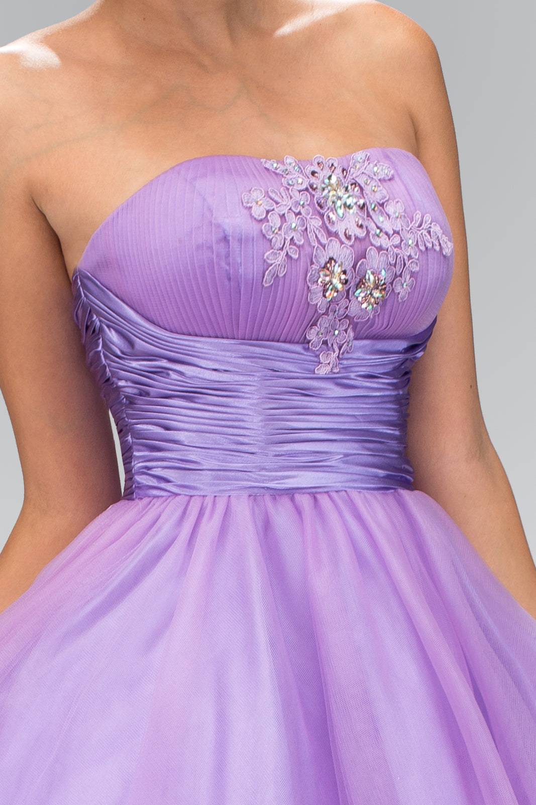 Short Tulle Dress with Pleated Waistband and Floral Lace GLGS1350 Elsy Style HOMECOMING