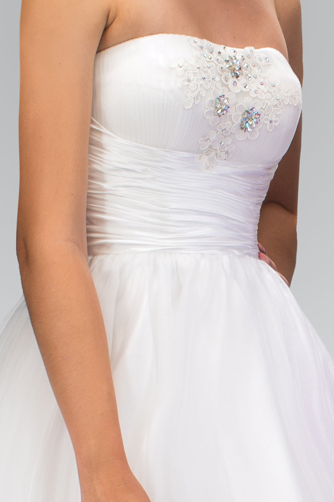 Short Tulle Dress with Pleated Waistband and Floral Lace GLGS1350 Elsy Style HOMECOMING