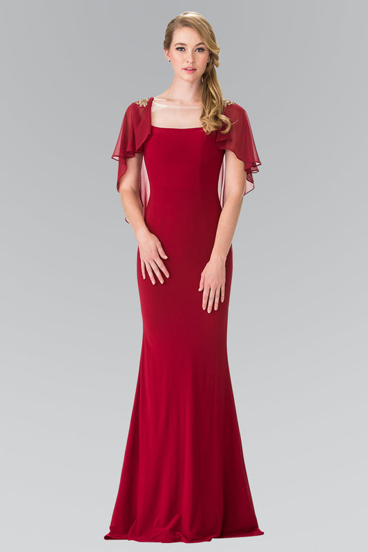 Sleeveless Jersey Long Dress with Attached Cape that Drapes Down the Back GLGL2254 Elsy Style MOTHER OF BRIDE