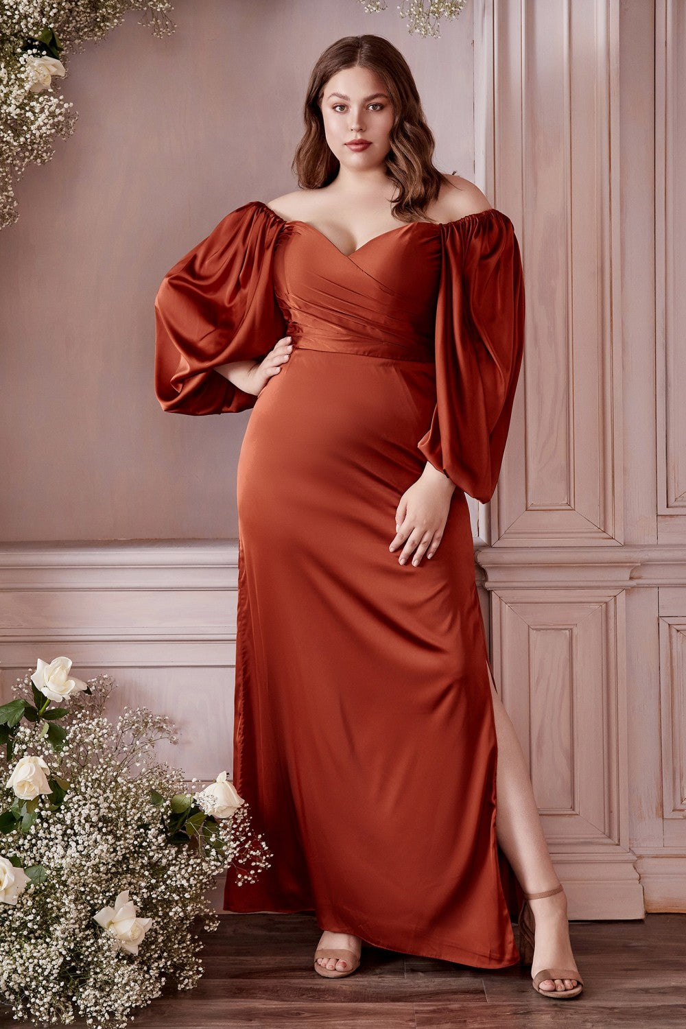 Soft Satin Prom & Bridesmaid Gown Long Sleeves Off Shoulder Bodice Relaxed Fit Skirt with Side Leg Slit Plus Size Curve CD7482C Elsy Style Bridesmaid Dress