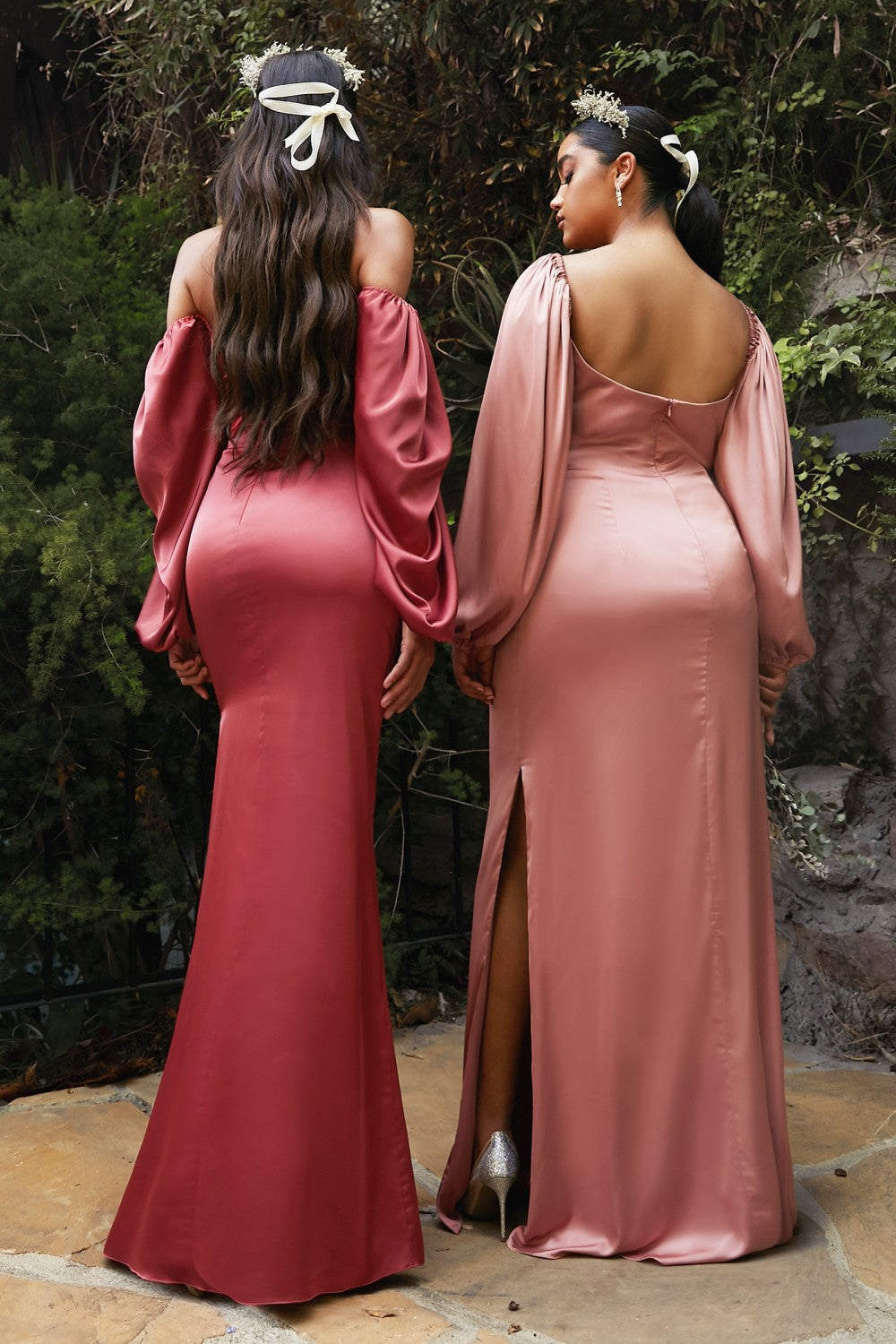 Soft Satin Prom & Bridesmaid Gown Long Sleeves Off Shoulder Bodice Relaxed Fit Skirt with Side Leg Slit Plus Size Curve CD7482C Elsy Style Bridesmaid Dress