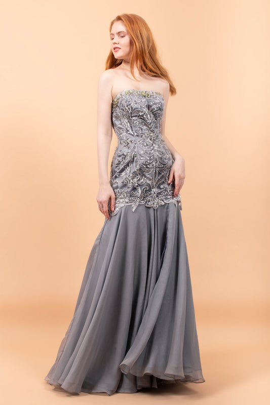 Strapless Chiffon Long Dress with Side Slit and Beaded Bodice GLGL1147 Elsy Style PROM