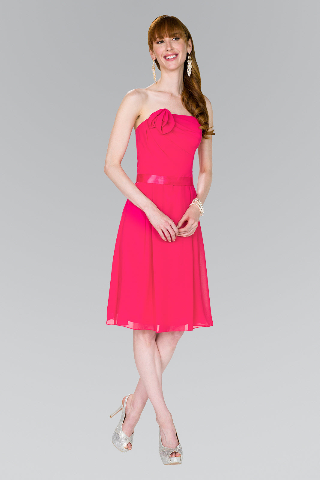 Strapless Chiffon Short Dress with Floral Accent and Satin Waistband GLGS1080 Elsy Style HOMECOMING