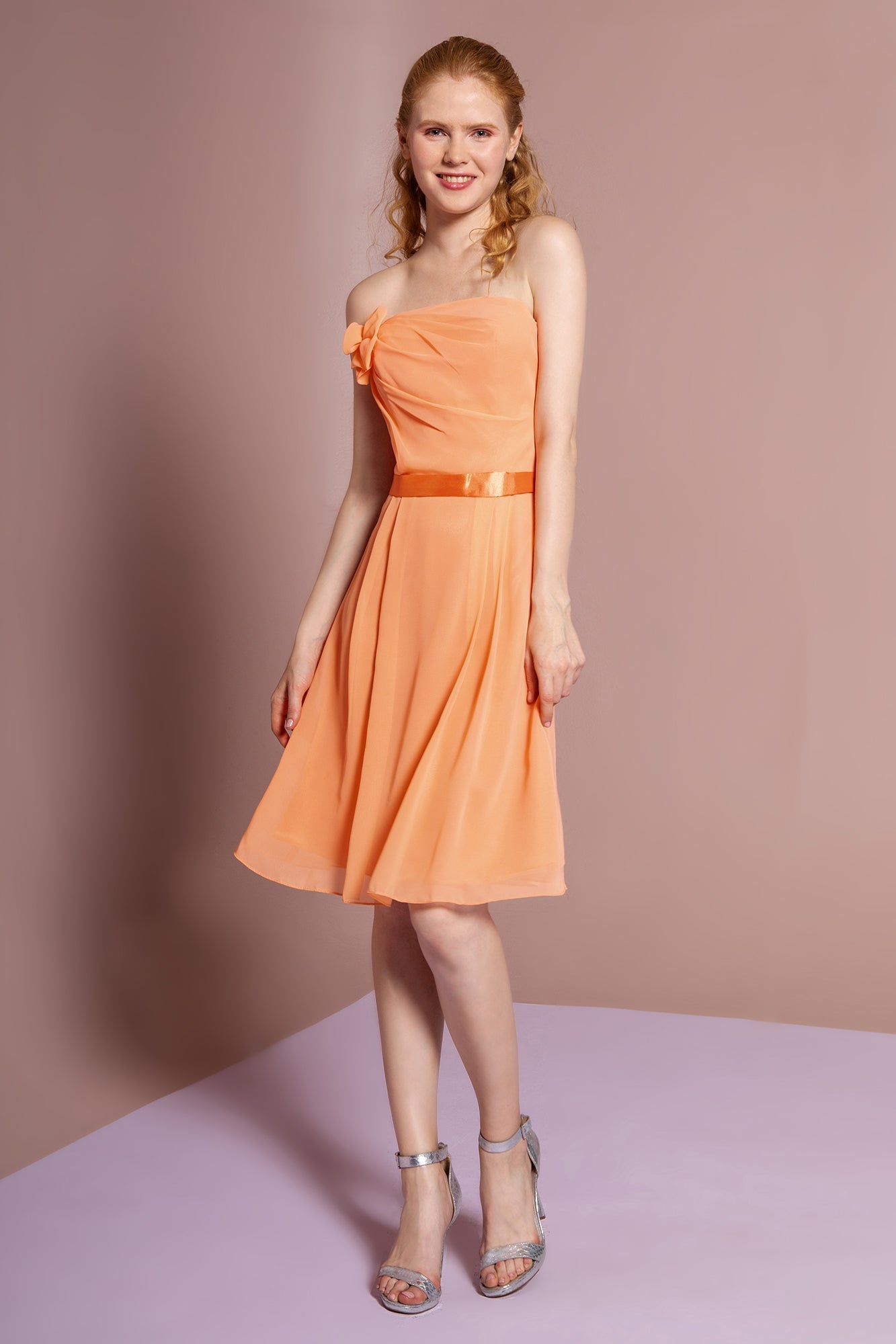 Strapless Chiffon Short Dress with Floral Accent and Satin Waistband GLGS1080 Elsy Style HOMECOMING