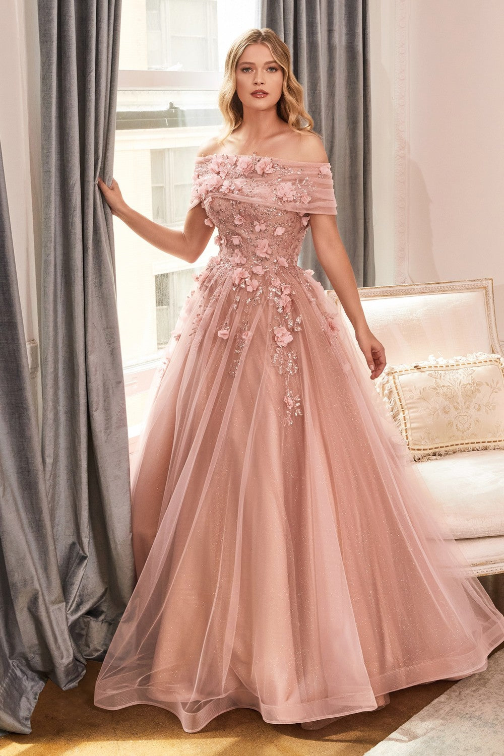 Strapless Glitter Prom & Ball Gown Sequin Tulle A-line Skirt Detachable Floral Shawl Embellished Floral Sweetheart Bodice CDCD955 Elsy Style Ball Dress