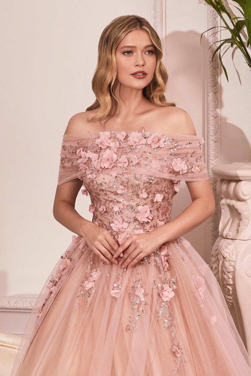 Strapless Glitter Prom & Ball Gown Sequin Tulle A-line Skirt Detachable Floral Shawl Embellished Floral Sweetheart Bodice CDCD955 Elsy Style Ball Dress