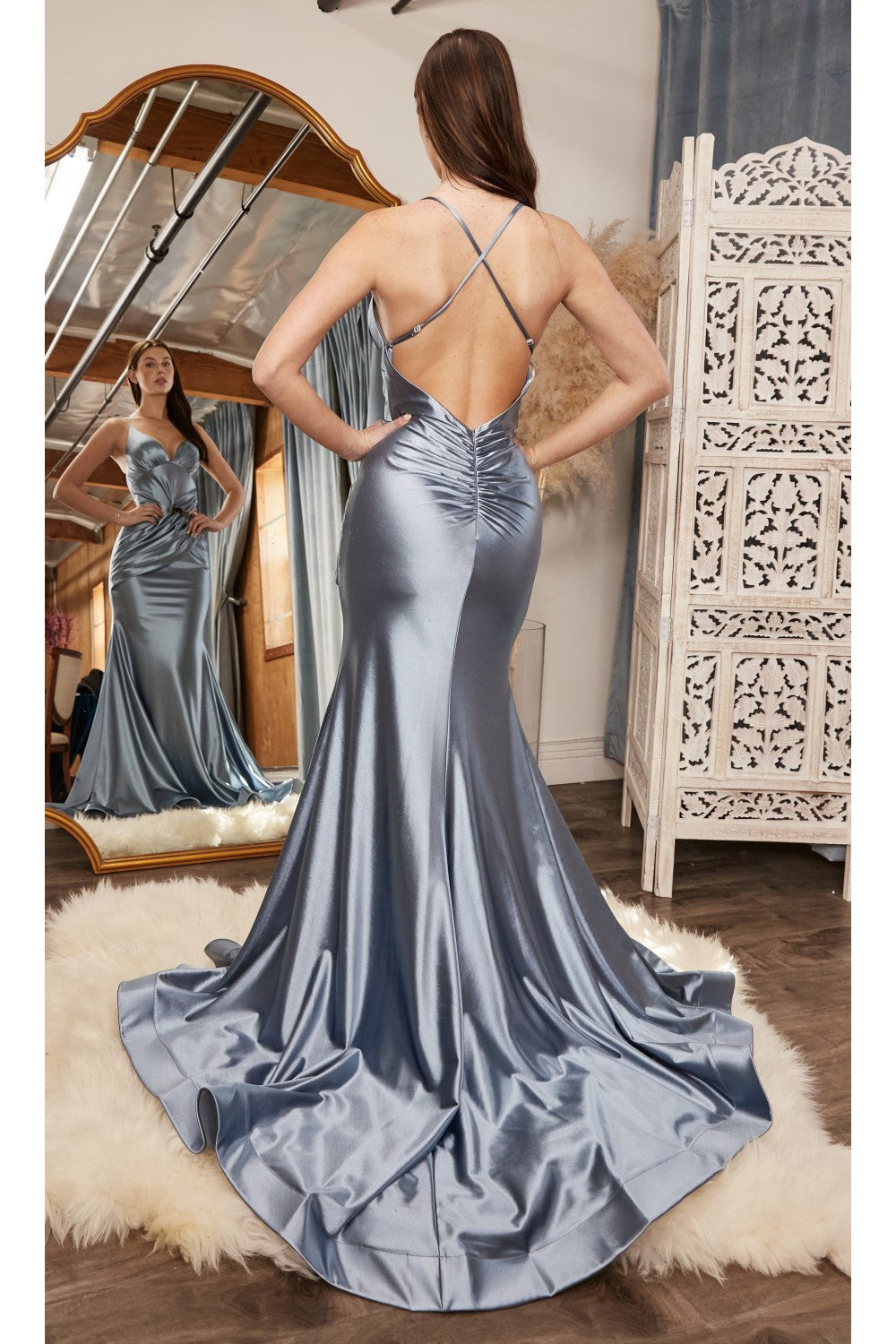 Stretch Satin Prom & Bridesmaid Gown Wrap Effect Bodice with V-neckline Mermaid Classic Silhouette Ruched Elegant Top CDCH236 Elsy Style Evening Dress