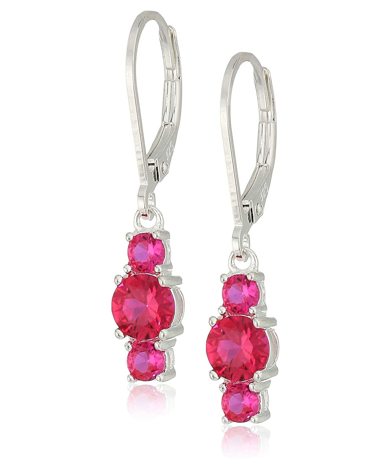 Three Stone Leverback Dangle With Austrian Crystals - Ruby in 18K White Gold Plated ITALY Design Elsy Style Earring